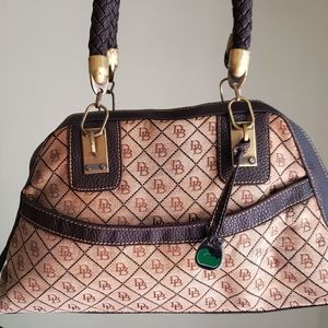 Dooney and Bourke Signature Gold Jacquard Purse With Pouch Leather Trims